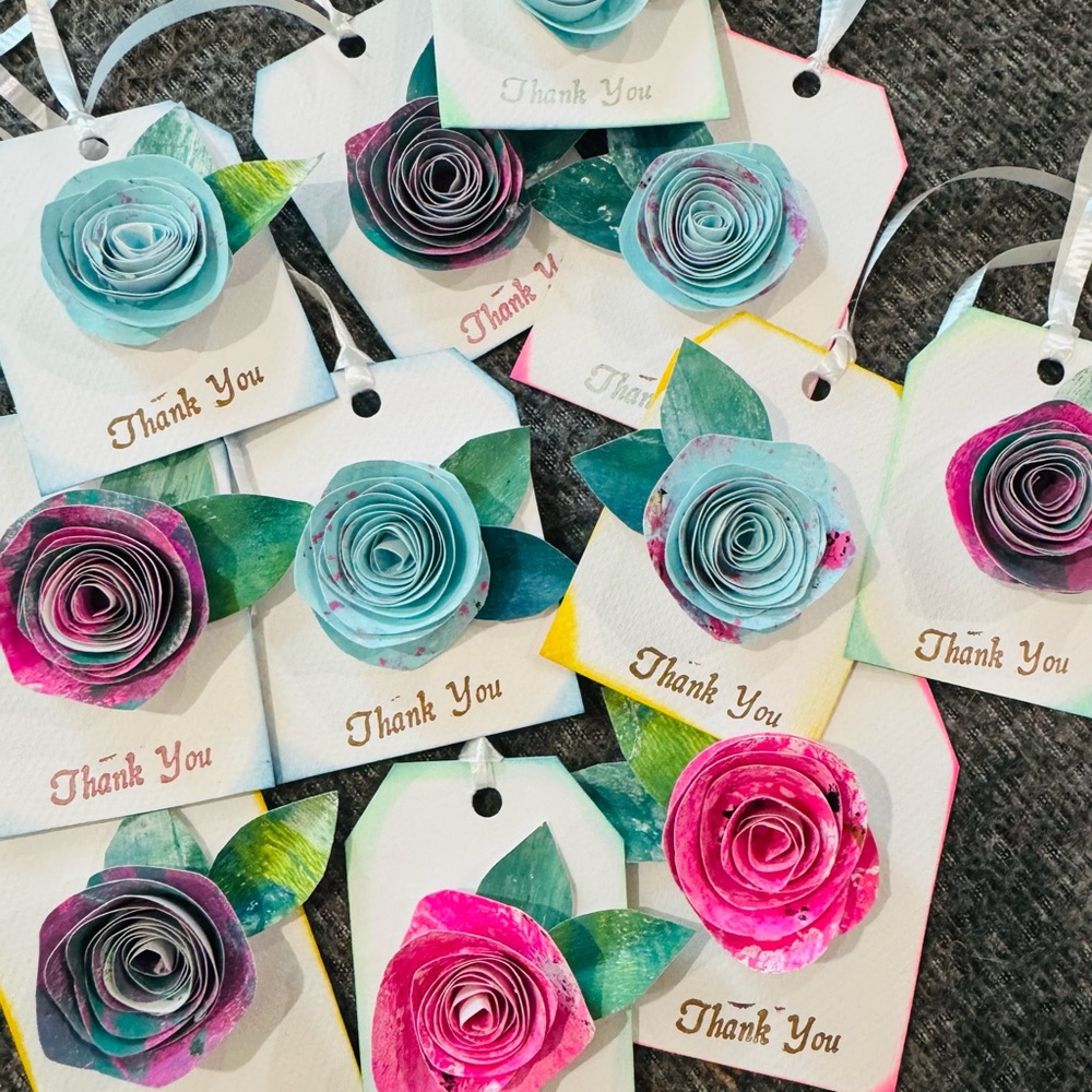 6 hand painted 3D flower thank you tags